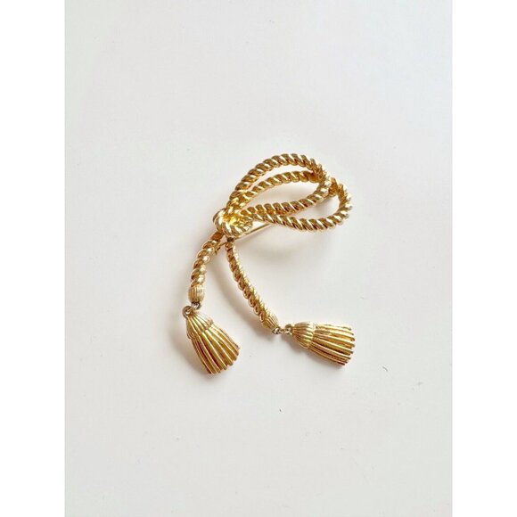 Vintage Unbranded Gold Tone Rope Dangle Tassel Brooch - Picture 1 of 9